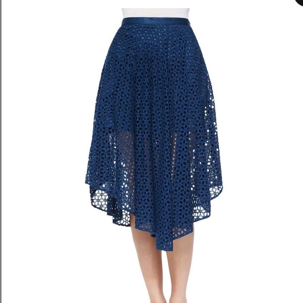 Tibi Hanae Eyelet Lace Asymmetrical Skirt Blue High Waist Flowy Women’s Size 0